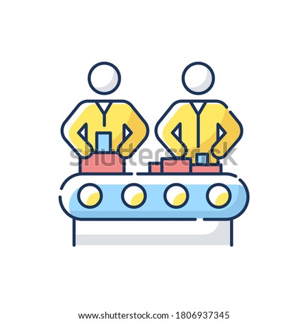 Assembly RGB color icon. Manufacturing process, human labor, production line. Factory workers manually assembling product on conveyor. Isolated vector illustration