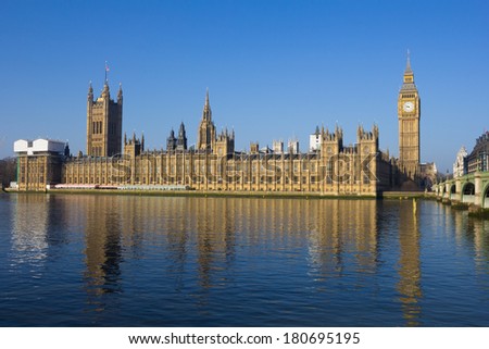 Palace of Westminster (Houses of Parliament) in London with reflections in the water