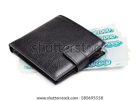 black leather wallet with cash, isolated on white