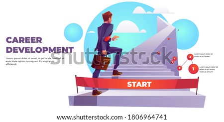 Career development infographics banner, ladder to success. Businessman climbs up stairs from start. Business and finance success achievement. Ambition plan, work opportunity Cartoon vector illustration Royalty-Free Stock Photo #1806964741