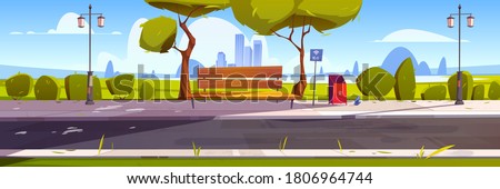 Bench with free wifi in park, outdoor place with hotspot public access zone, wireless internet. Summer city landscape area with green trees, litter bin and street lamps. Cartoon vector illustration Royalty-Free Stock Photo #1806964744