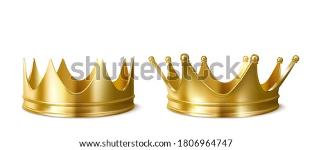 Golden crowns for king or queen, crowning headdress for Monarch. Royal gold monarchy medieval emperor coronation symbol, imperial sign isolated on white background. Realistic 3d vector illustration