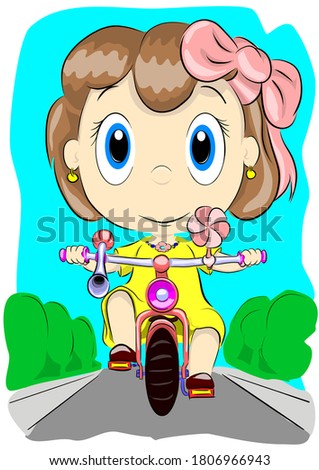 Little girl with a ribbon in her hair rides along the path of the bike among the trees on the bike has a horn and a pinwheel hand-drawn vector illustration on a blue background