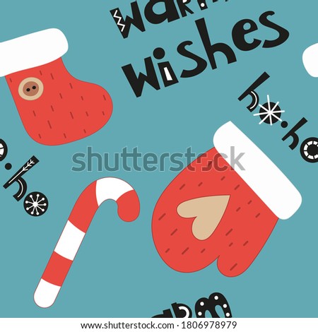 Seamless pattern for Christmas design in Scandinavian style. Xmas mitten, boot, candy cane and lettering. Vector illustration for DIY, greeting card, wrapping paper. Pattern is cut, no clipping mask.