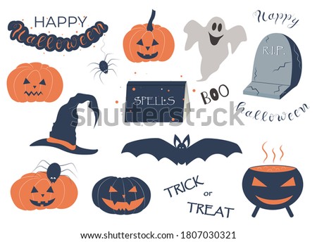 Funny halloween set, pumpkins, bat, book, lettering, vector illustration.