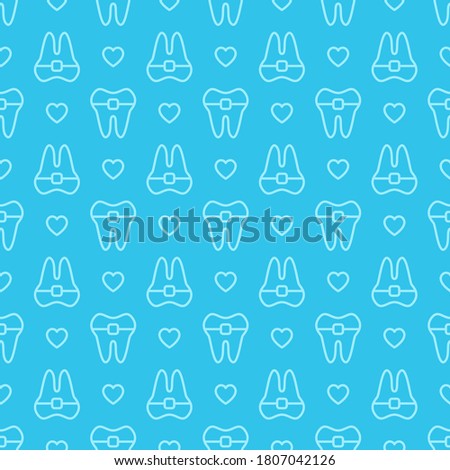 Seamless vector geometric pattern of tooth with brace and hearts. Dental background for stomatology reminder card or digital paper. Concept of dentistry service