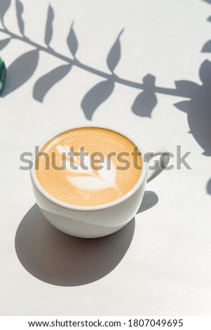 coffee cappuccino on white background with sun light shadows in flowers form 