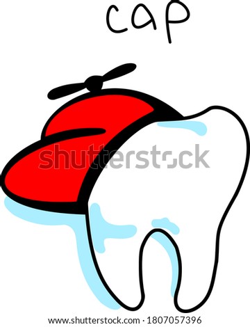 Hand-drawn dental cartoon "cap" tooth with baseball hat - (Vector)