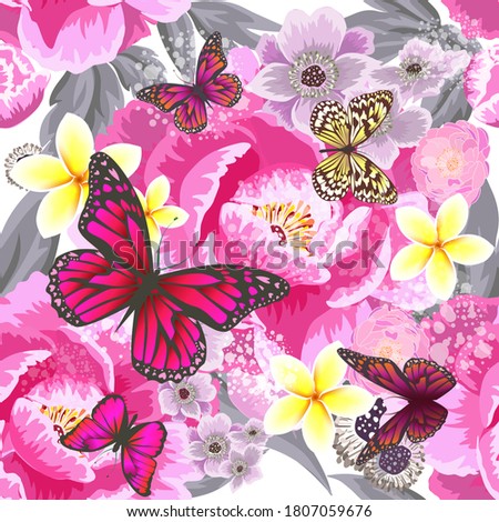 A seamless background with beautiful pink flowers. Peonies buds with butterflies. Vector illustration