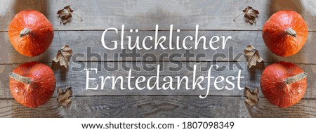 Happy Thanksgiving Day. Pumpkins and leaves on a wooden background. Glücklicher Erntedankfest lettering. Banner