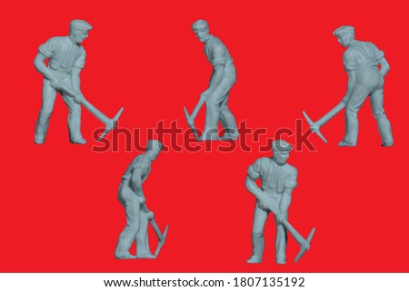 Miniature people toy figure photography. Photo collage different pose of road track worker with pick axe on isolated background