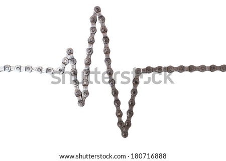 Metallic bicycle chain showing cardiogram sign isolated on white 