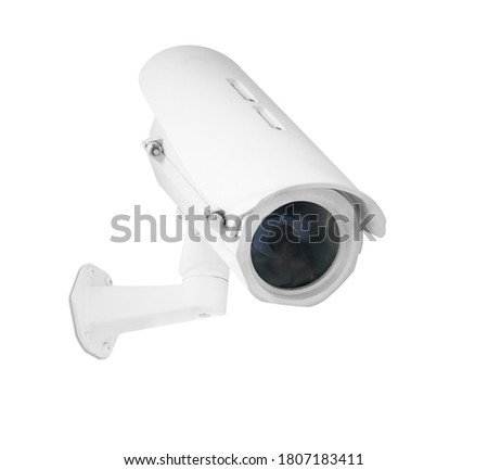 Modern public CCTV camera on wall isolated on white background. Intelligent recording cameras for monitoring all day and night. Concept of surveillance and monitoring with clipping path copy space.