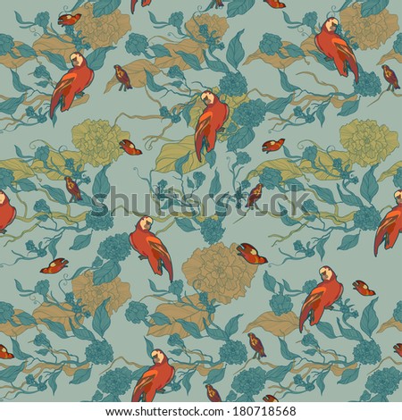 seamless floral background with flowers, leaves and birds
