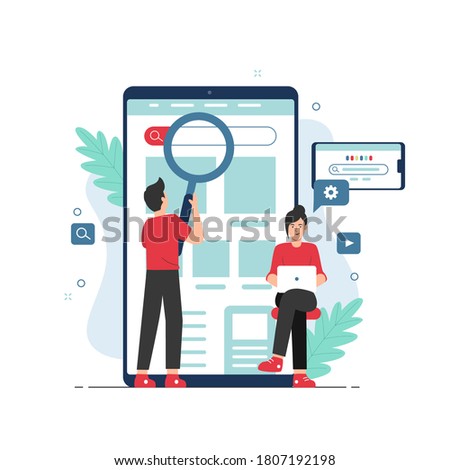 Search engine concept. People holding magnifying glass over mobile browser app Royalty-Free Stock Photo #1807192198
