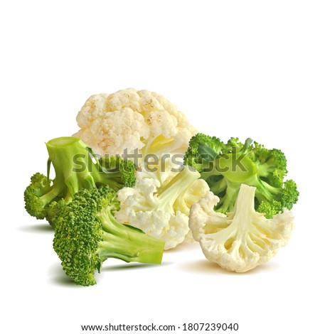 Broccoli and Cauliflower low poly. Fresh, nutritious, tasty Cauliflower and broccoli. Delicious and healthy lunch. Vector illustration. Broccoli and Cauliflower in triangulation technique. Royalty-Free Stock Photo #1807239040
