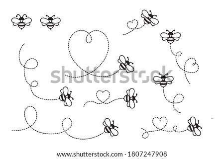 Cartoon Bee Flying on a Dotted Route. Vector illustration isolated on background. Royalty-Free Stock Photo #1807247908
