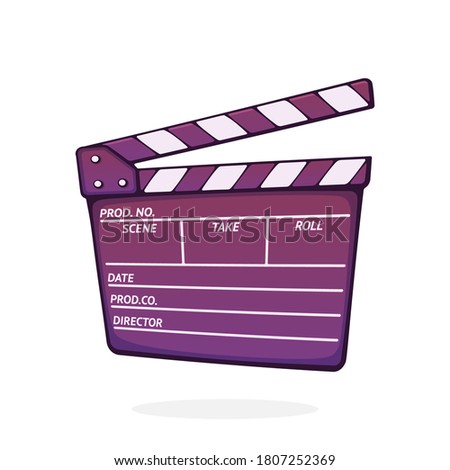 Open clapperboard used in cinema when shooting a film. Cinematograph clapper board. Symbol of the film industry. Cartoon vector illustration with outline. Clip art Isolated on white background