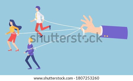 People marionettes connecting with ropes. Businessman's hand holding ropes, control every step of workers. No freedom, total control of motions. Manipulating people with rope, businessman puppet