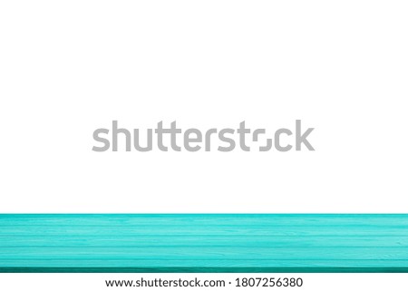 Side view of Blue empty wooden table top with white background.
