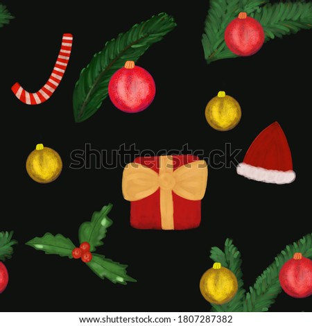  Watercolor Christmas decorations, mistletoe, holly, balls, gift box, candy cane, Christmas tree. Christmas and new year seamless pattern on yellow background.