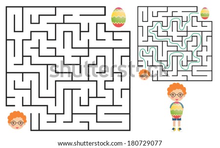 Egg hunt maze for kids with a solution. Vector illustration