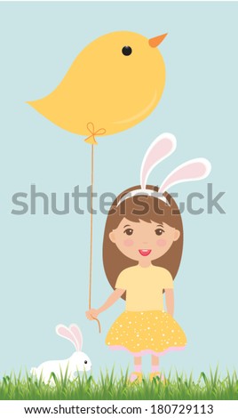 Little girl hold a chick shape balloon. Easter bunny. Vector illustration.