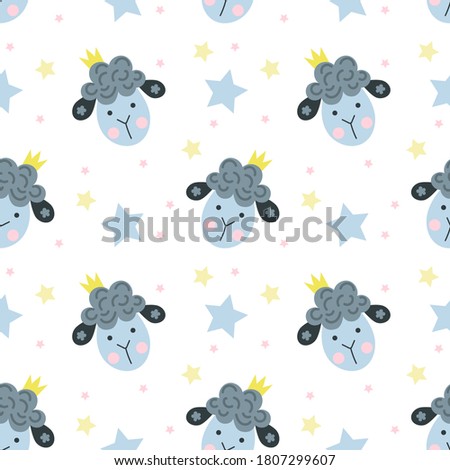 Vector seamless pattern sheep and stars on a white background. For children's design.