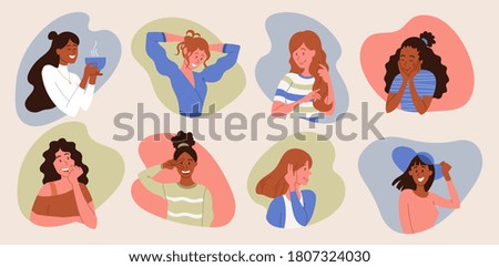 Set of 8 different cute little girl poses with her hands to her hair and face, wearing a sunhat and drinking coffee, colored vector illustration