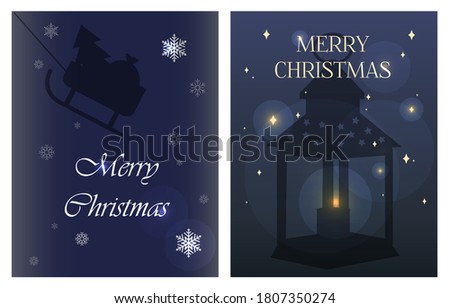 Christmas greeting card in flat style. Dark blue background with stars and silhouettes of candle holders and Christmas lanterns. Stylish romantic illustration with Christmas sleigh, flowers, candy and