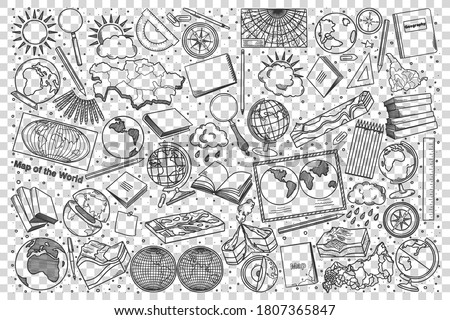Geography doodle set. Collection of hand drawn sketches templates patterns of geographical equipment globes world maps and terrain mockups on transparent background. Back to school illustration Royalty-Free Stock Photo #1807365847