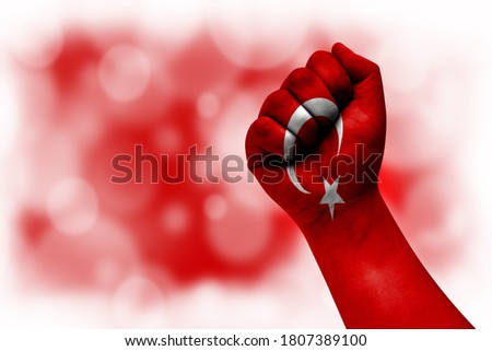 Flag of Turkey painted on male fist, strength,power,concept of conflict. On a blurred background.