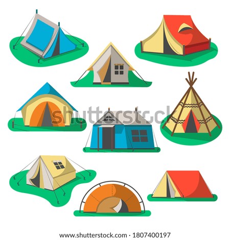 Camping tent. Triangle, tunnel and dome shape tourist camping and hiking tent, marquee and wigwam icon set isolated on white background. Vector equipment for travel and adventure outdoor illustration