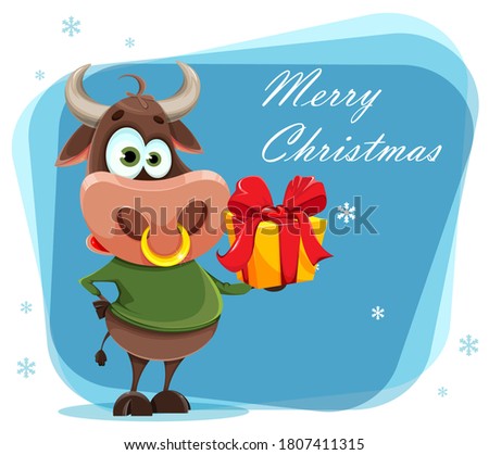 Merry Christmas greeting card. Cute bull, the symbol of Chinese New Year 2021. Buffalo cartoon character holding gift box. Raster illustration