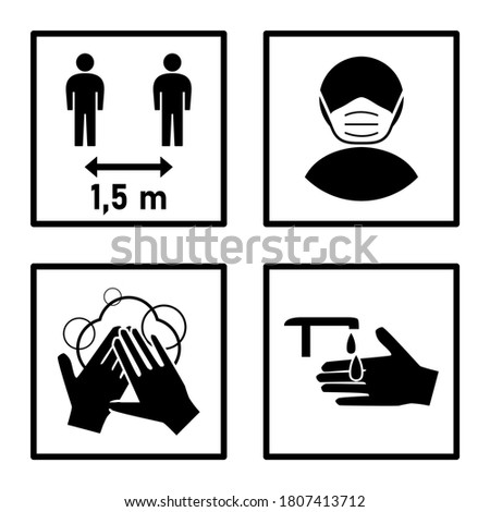 Set of Measure or Instruction Icons against the Spread of Coronavirus Covid-19, including Keep Your Distance 1,5 Metres, Wear a Face Mask, Wash Your Hands and Sanitize Your Hands. Vector Image. Royalty-Free Stock Photo #1807413712