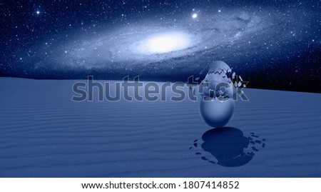 Crying man covering his face with his hands in the egg - Amazing views of the blue desert under the night starry sky with Andromeda galaxy "Elements of this image furnished by NASA"