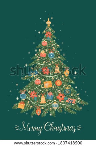 Christmas and Happy New Year illustration of Christmas tree. Trendy retro style. Vector design template.