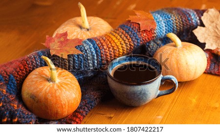 A Cup of hot espresso coffee on a wooden table with a colorful autumn scarf and decorative pumpkins
