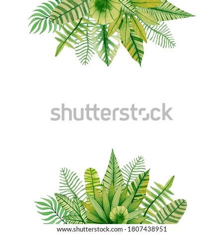 Watercolor tropical leaves frame isolated on white background.