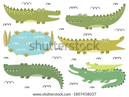 Funny crocodiles collection. Cute alligators in childish style. Safari characters. Isolated elements collection. Vector illustration