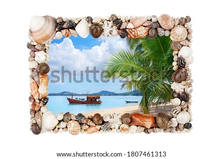 Seashells photo frame white background isolated close up, sea shells picture border, summer sand beach holiday, tropical island vacation, green palm, blue sky, boat, travel banner, beautiful landscape