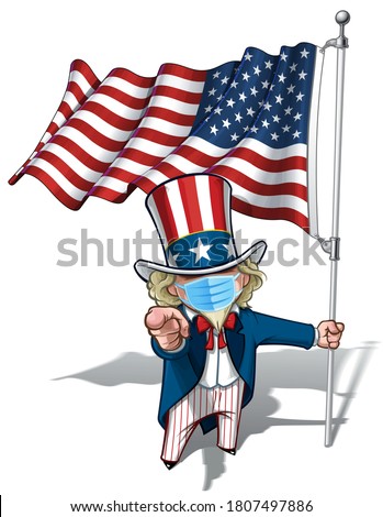 Vector illustrations of a cartoon Uncle Sam, pointing ‘I Want You’, holding a waving American flag, wearing a surgical mask. All elements neatly in well defined layers n groups.

