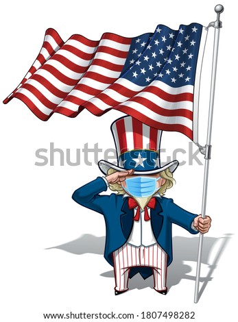 Vector illustrations of a cartoon Uncle Sam, Saluting, holding a waving American flag, wearing a surgical mask. All elements neatly in well defined layers n groups.
