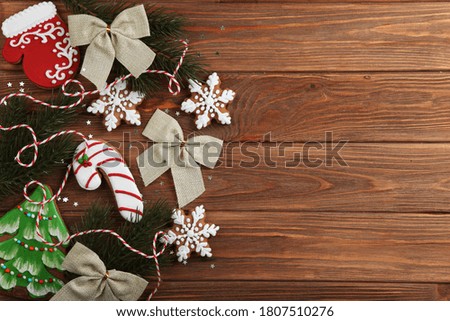 christmas cookies and christmas accessories top view. New year or christmas background with place for text
