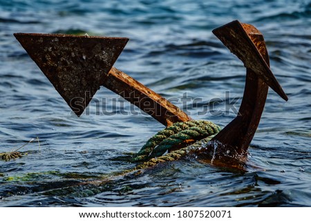 Rope-wrapped rusty anchor in the sea