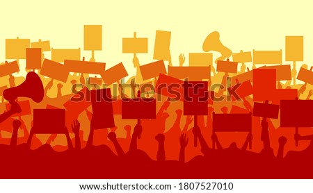 Silhouette of cheering or riot protesting crowd with banners. PPolitical protest with silhouette protesters hands holding megaphone, banners and flags. Royalty-Free Stock Photo #1807527010