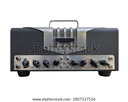 Isolated black metal modern electric guitar USA style boutique amplifier on white background with clipping path. Popular amp in clean music. front view photo.