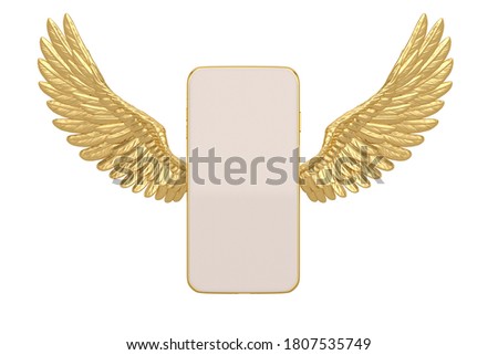 Gold wings with smart phone Isolated On White Background, 3D render. 3D illustration.