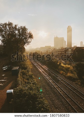 Foggy morning in Atlanta. Railway road and skyscrapers