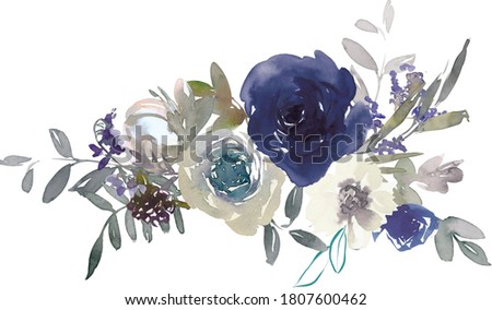 Watercolor blue sapphire and white watercolor florals isolated on white background. 
